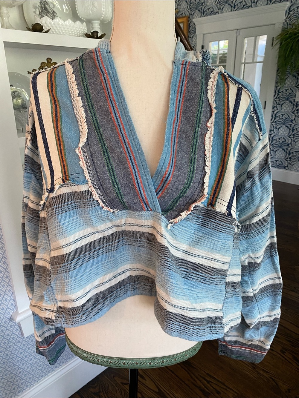 We The Free Blue Striped Cropped V-Neck Top with Fringe